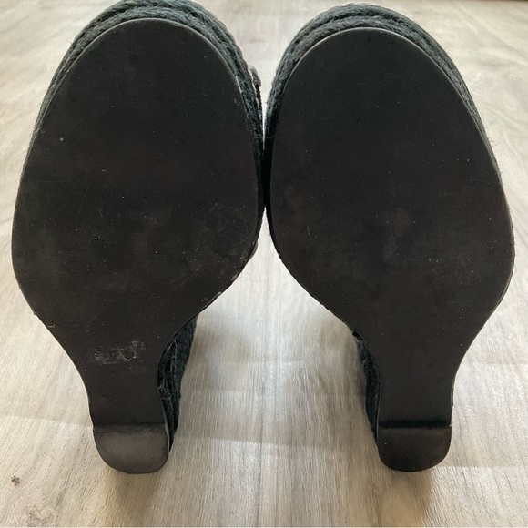 TORY BURCH Black and gold Lace up  OPEN TOE JUTE WEDGE HEEL PLATFORM HEELS - Picture 5 of 9